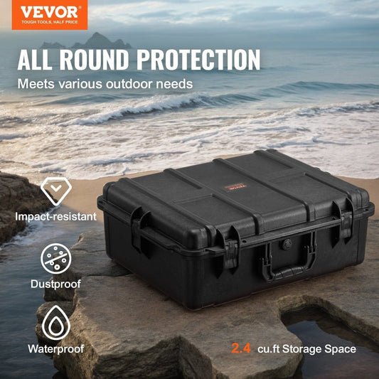 VEVOR Waterproof Hard Case - Wheeled, Pre-Cut Foam, Lockable (IPX67 Tested) — black, dry boxes, angled view