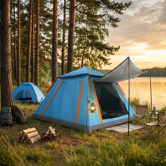 Golden hour lakeside campsite featuring a spacious blue-and-orange cabin tent with awning, organized camping gear, lantern lighting, and a smaller dome tent surrounded by tall pine trees during a calm summer evening.