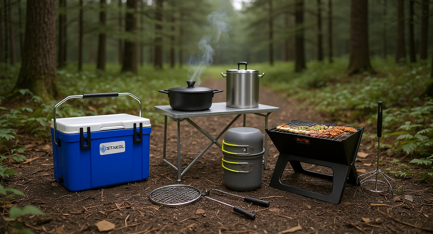 Camp kitchen setup in the forest with a blue cooler, folding table, steaming pots, compact cookware set, and a portable BBQ grill. Essential outdoor cooking gear from the Camp Kitchen collection.