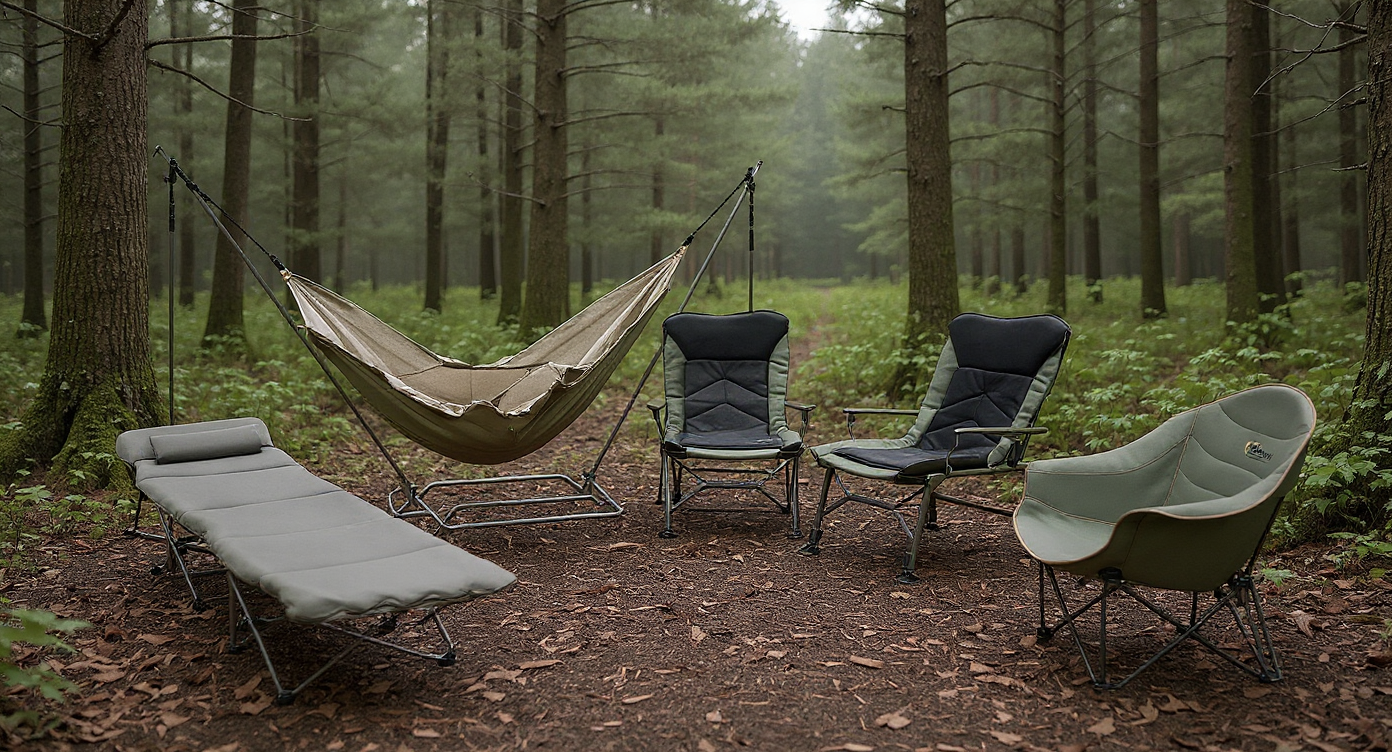 Camping furniture set in a forest clearing with a hammock, reclining chairs, a cot, and a lounge chair, creating a cozy outdoor seating and relaxation area.