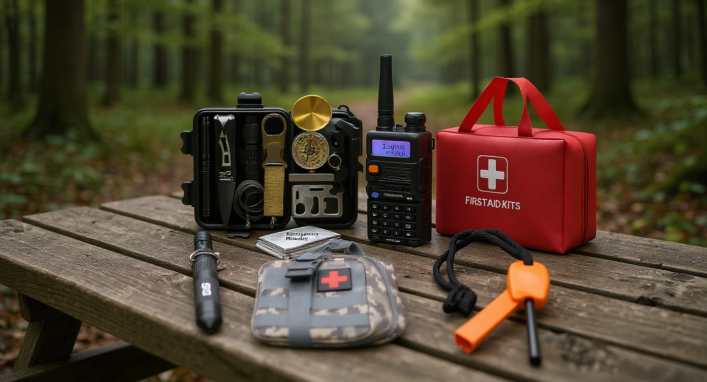 Emergency survival kit with first aid bag, radio, tactical tools, compass, and fire starter on outdoor picnic table.