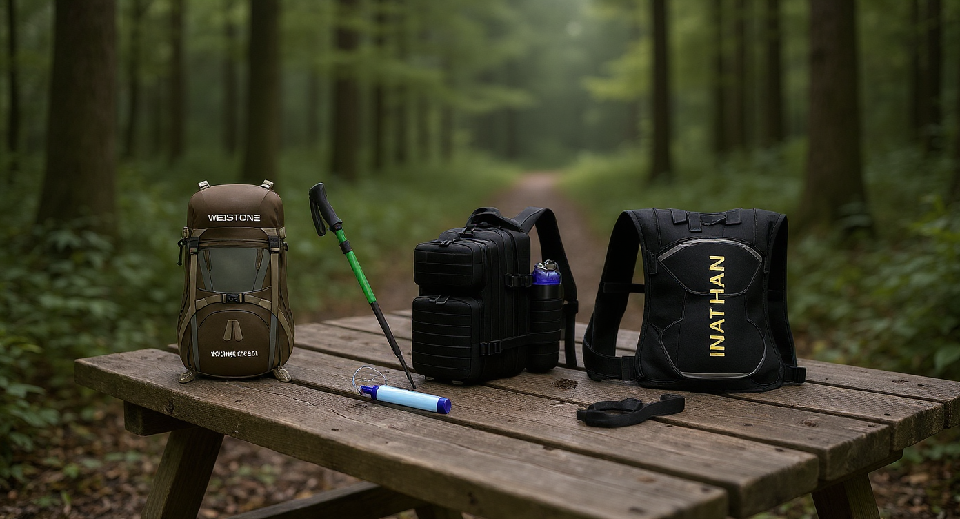 Hiking and packs collection with backpacks, hydration packs, trekking poles, and water bottles displayed outdoors, highlighting essential gear for trails and adventure