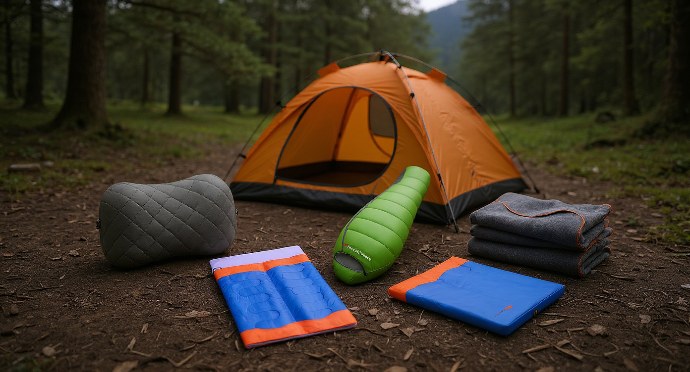 Camping sleep systems with down sleeping bags, inflatable pads, blankets, and pillows arranged outdoors in a forest, showcasing warm and comfortable gear for all-season camping and backpacking.