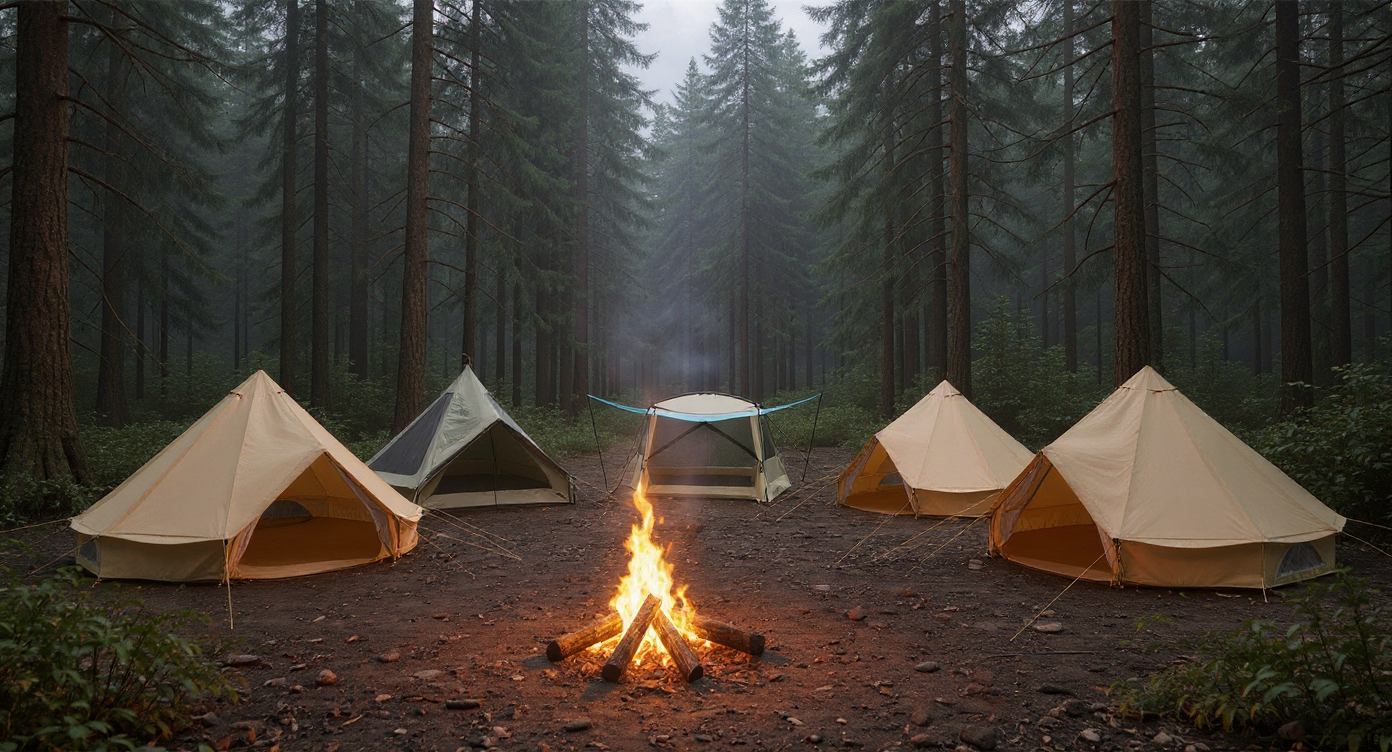Tents & Shelters collection featuring canvas bell tent with stove jack, ultralight mosquito shelter, pop-up tent, family screen tent, and large cotton yurt, showcasing options for solo camping to group adventures.