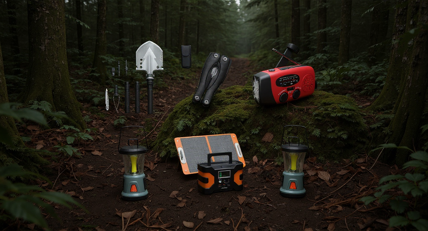 Outdoor Tools & Tech gear with multi-tool, folding shovel, crank radio, LED lantern, power station, and GPS tracker for camping and survival.”
