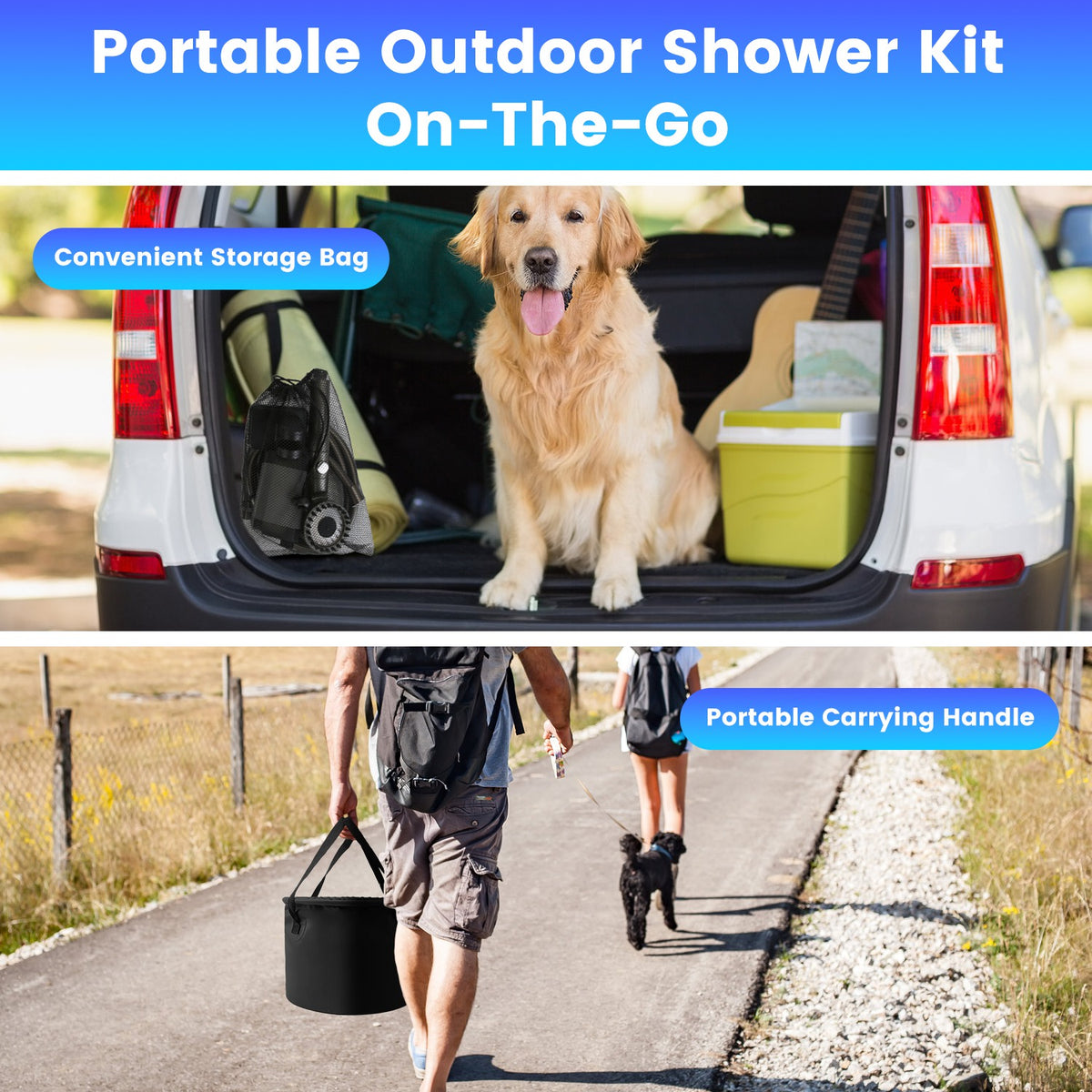 Portable outdoor shower kit with a dog in the back of a vehicle and two people walking with a dog on a path.
