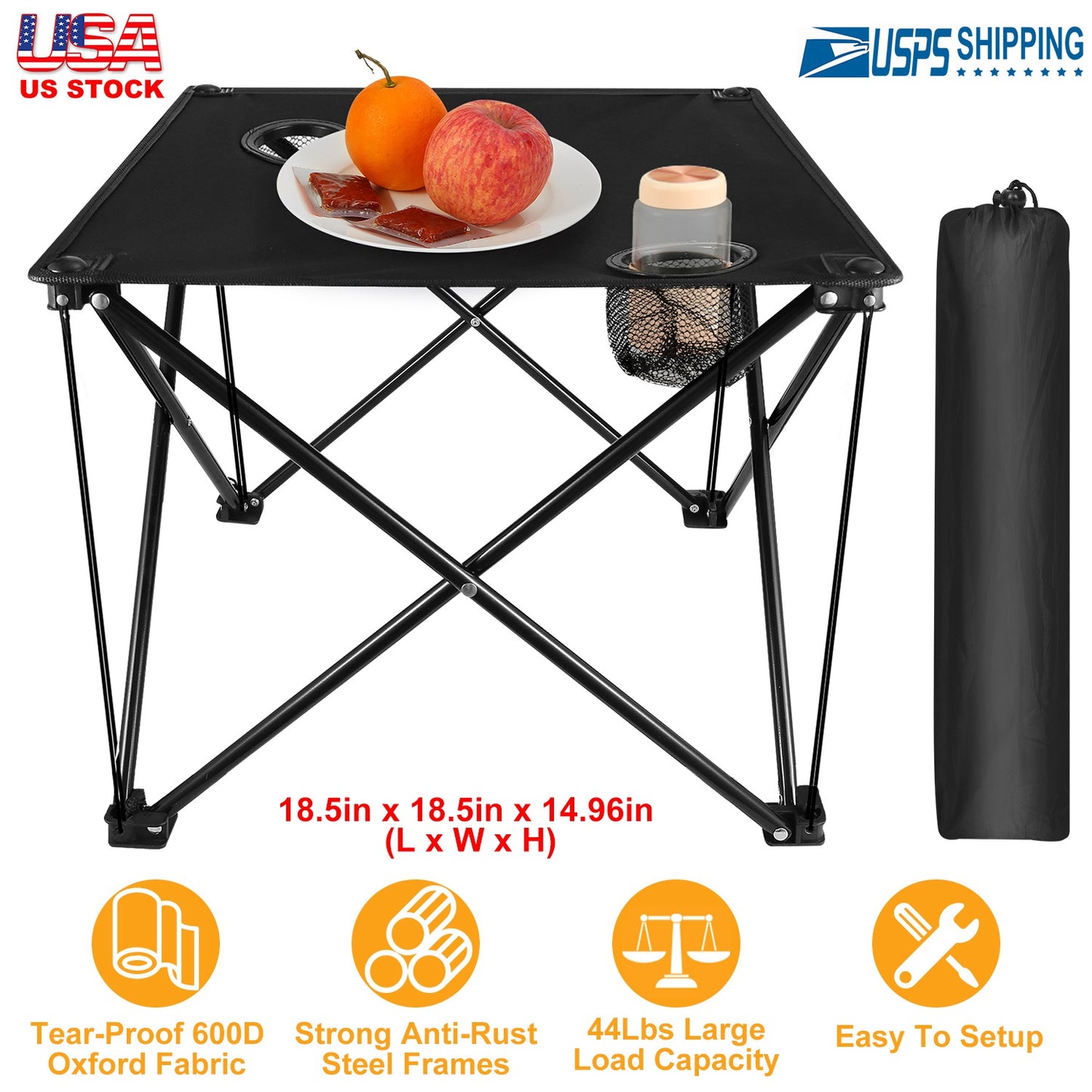 Lake Forest Black Portable Folding Camping Table with 2 Cup Holders