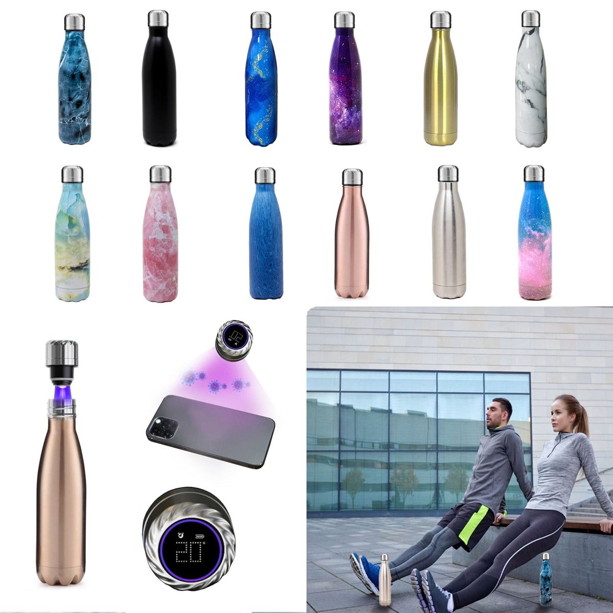 Aquaala UV Sterilizing Water Bottle with Temperature Display Cap — bottles, front view