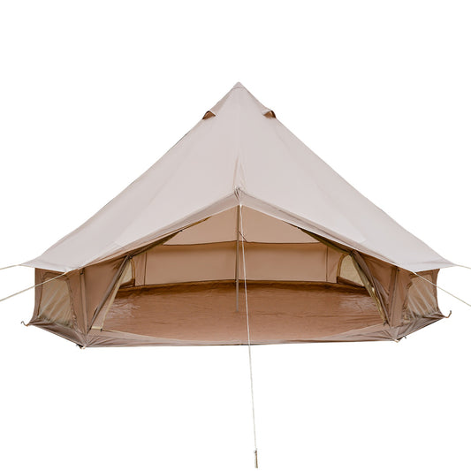 Beige bell-style camping tent with a spacious open interior, center support pole, groundsheet, side windows, and guy lines.