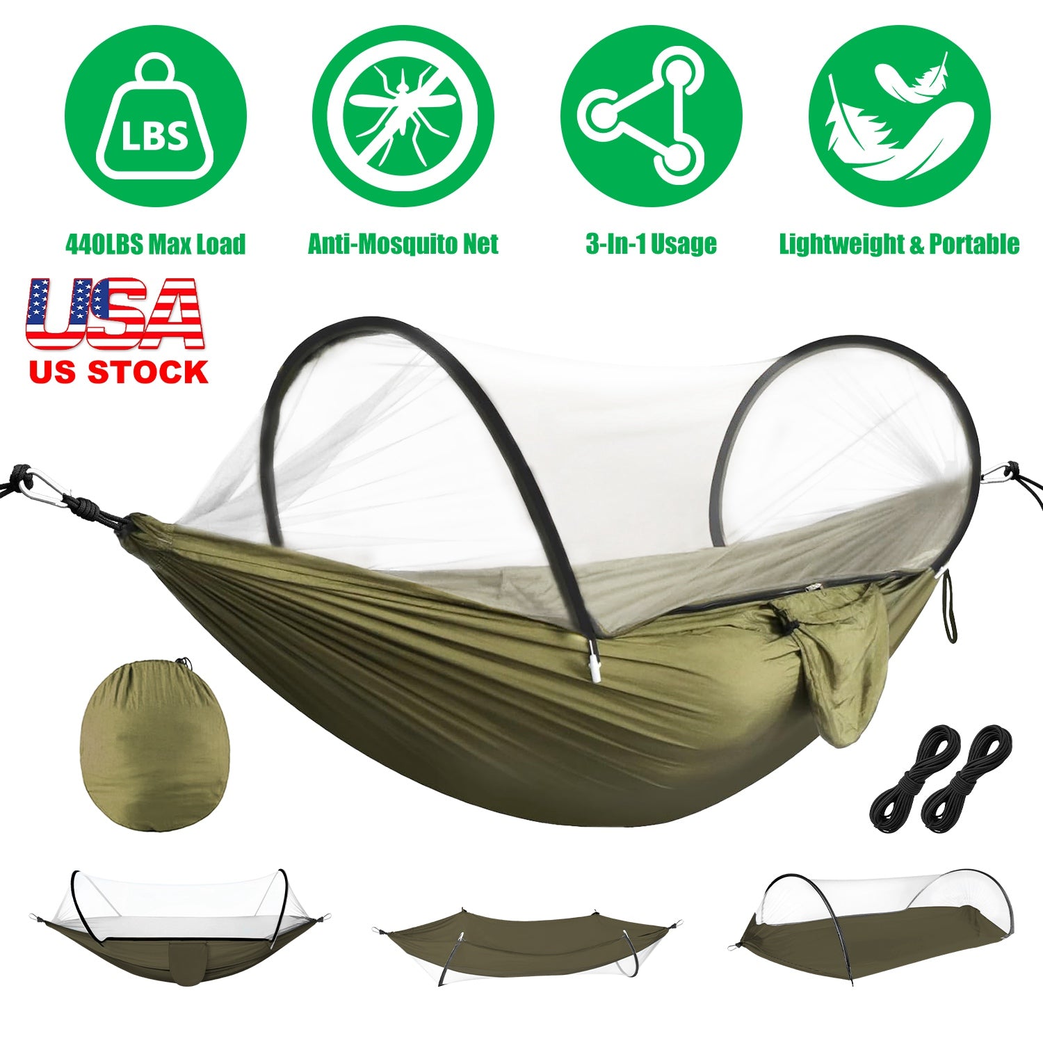 Green hammock with canopy, carrying bag, and accessories on a white background