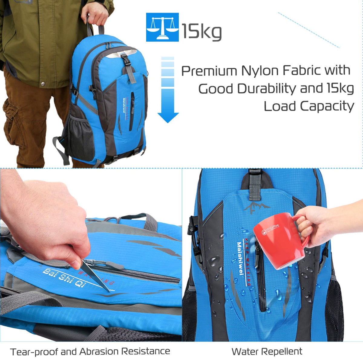 Blue backpack with features highlighted on a white background