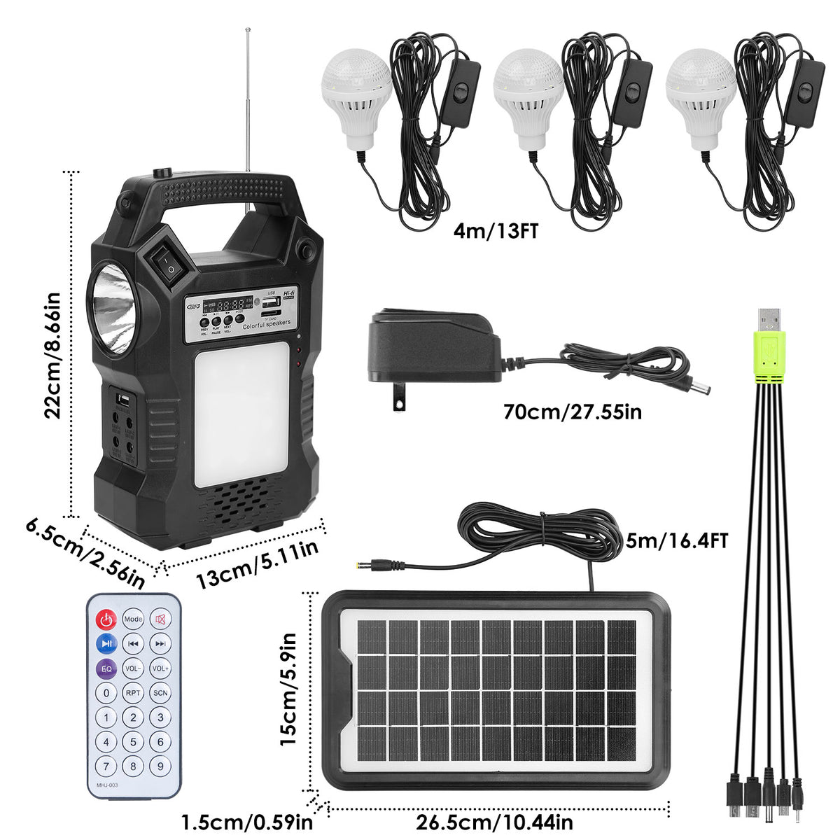 Solar lantern kit with batteries, remote control, and solar panel on a white background