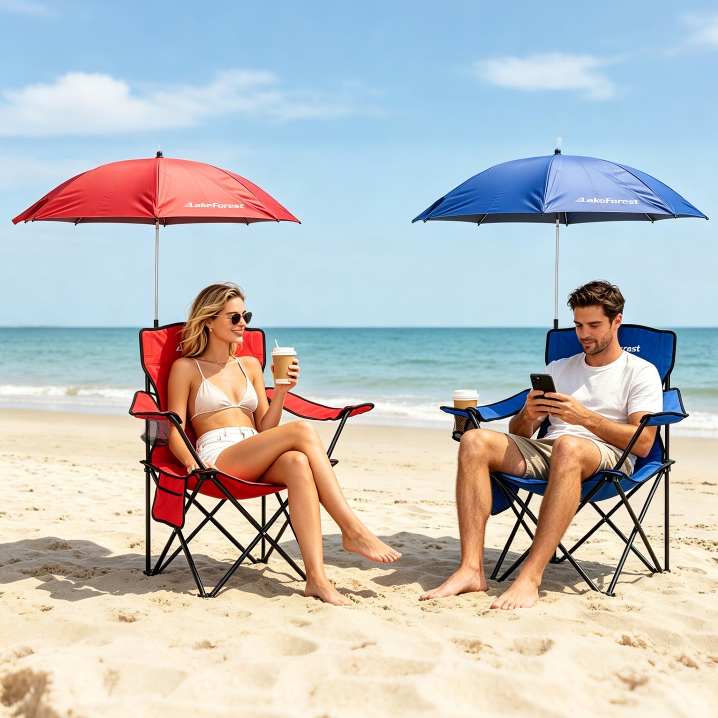 Lake Forest Royal Blue Foldable Camping Chair with Detachable Umbrella