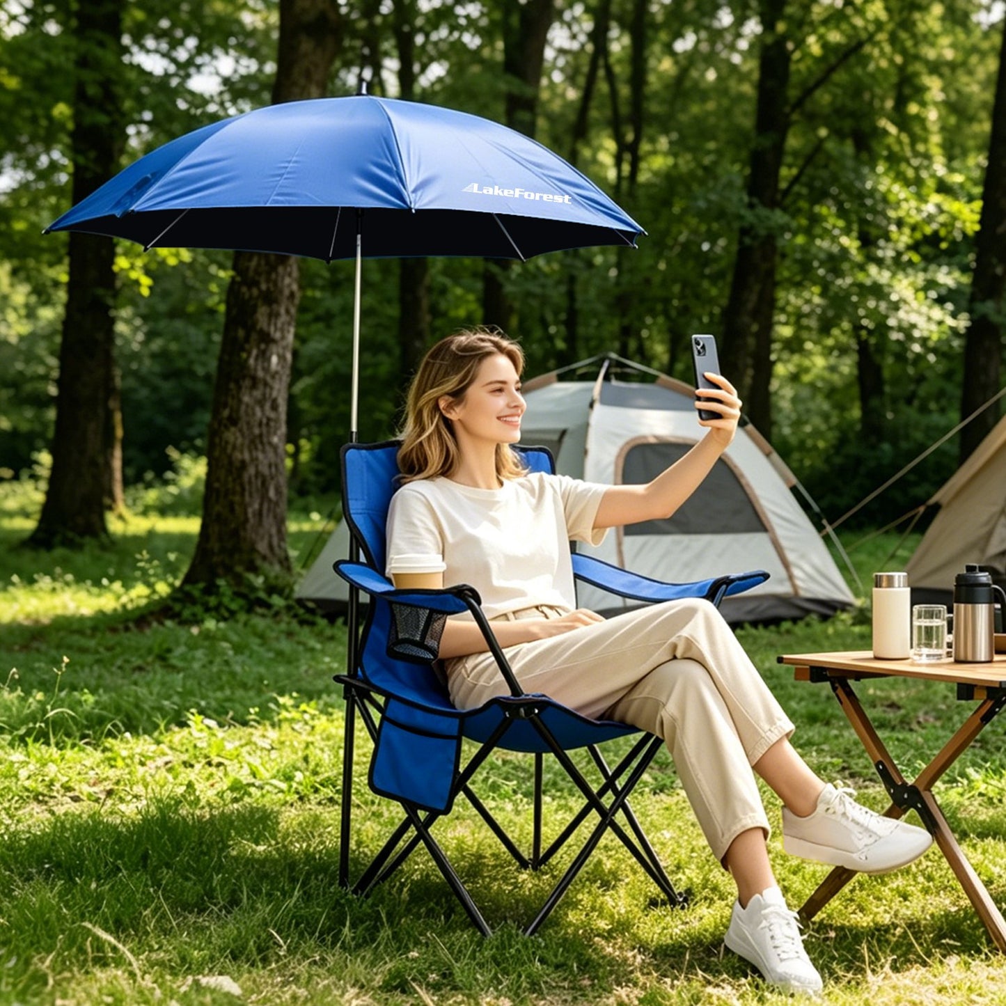 Lake Forest Royal Blue Foldable Camping Chair with Detachable Umbrella