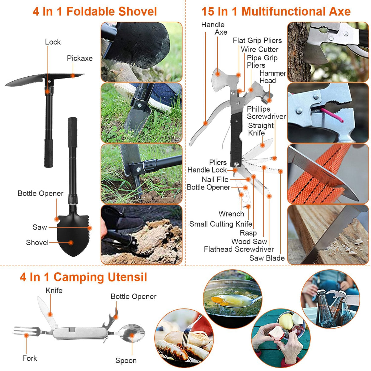 Multifunctional tools including a 4-in-1 foldable shovel, 15-in-1 multifunctional axe, and 4-in-1 camping utensil set with features highlighted.