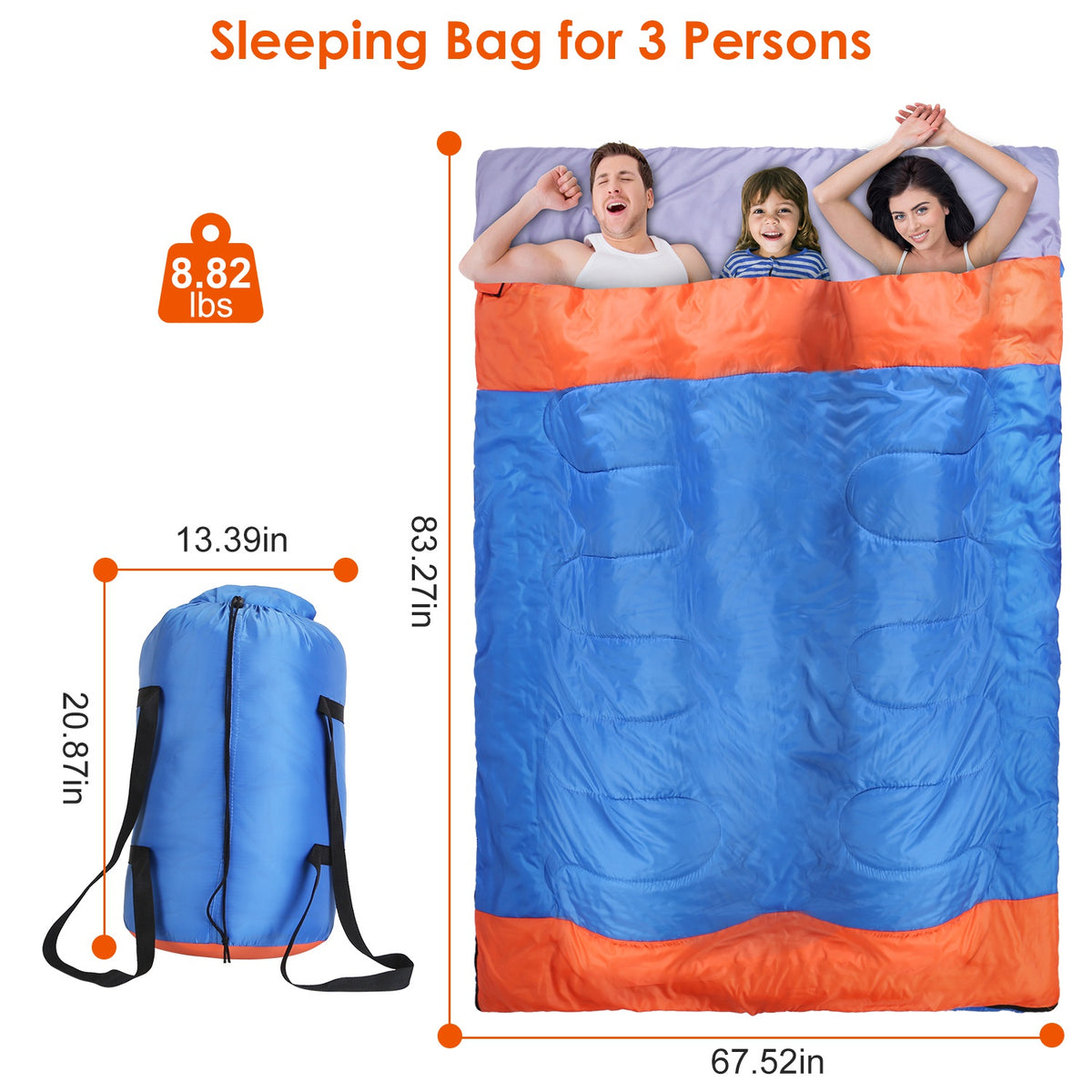 3-Person 3-Season Double Sleeping Bag with Carry Bag