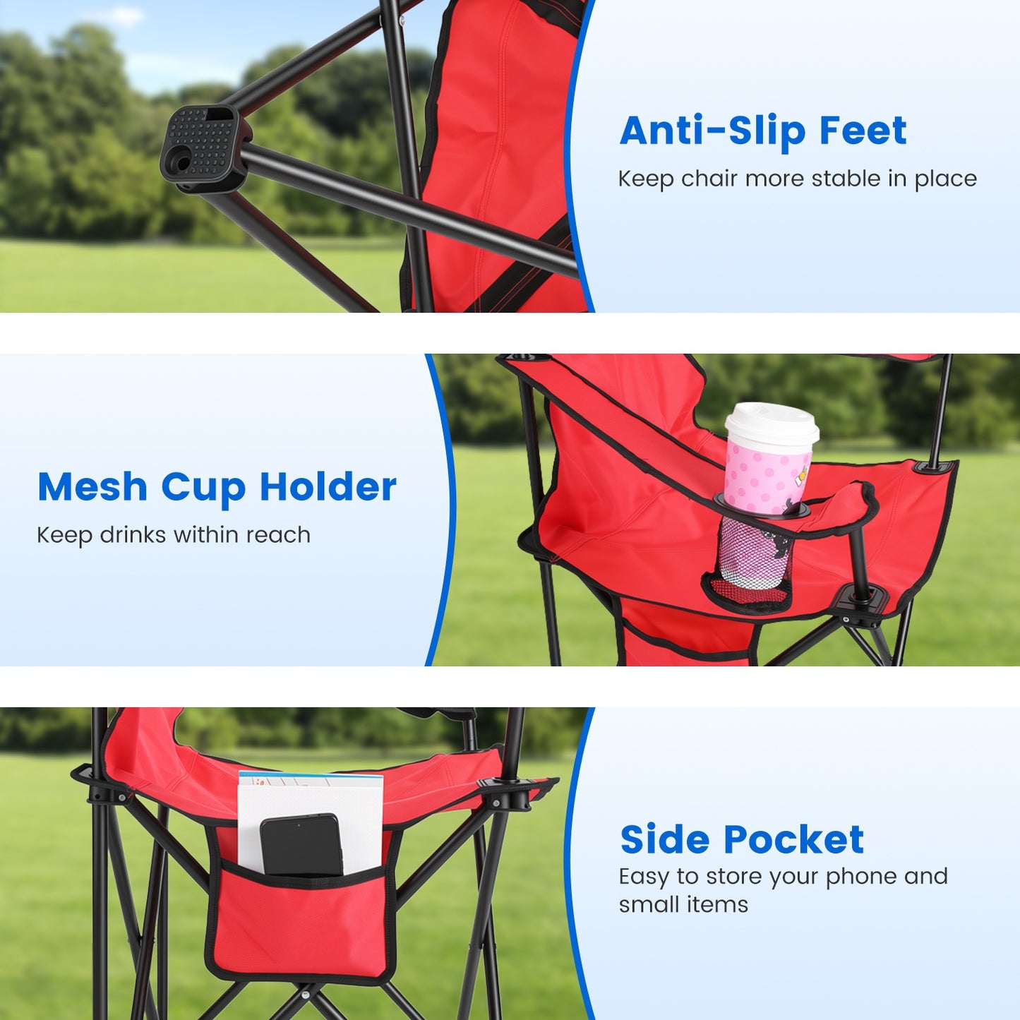 Lake Forest Red Foldable Camping Chair with Detachable Umbrella