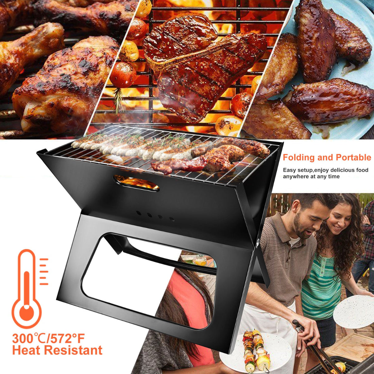 Collage of grilled meats, a portable grill, and people enjoying food outdoors with text about heat resistance and portability.
