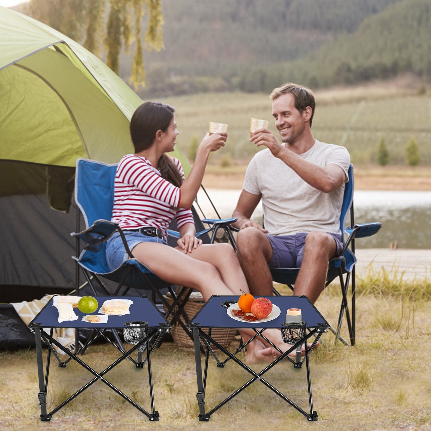 Lake Forest Navy Blue Portable Folding Camping Table with 2 Cup Holders