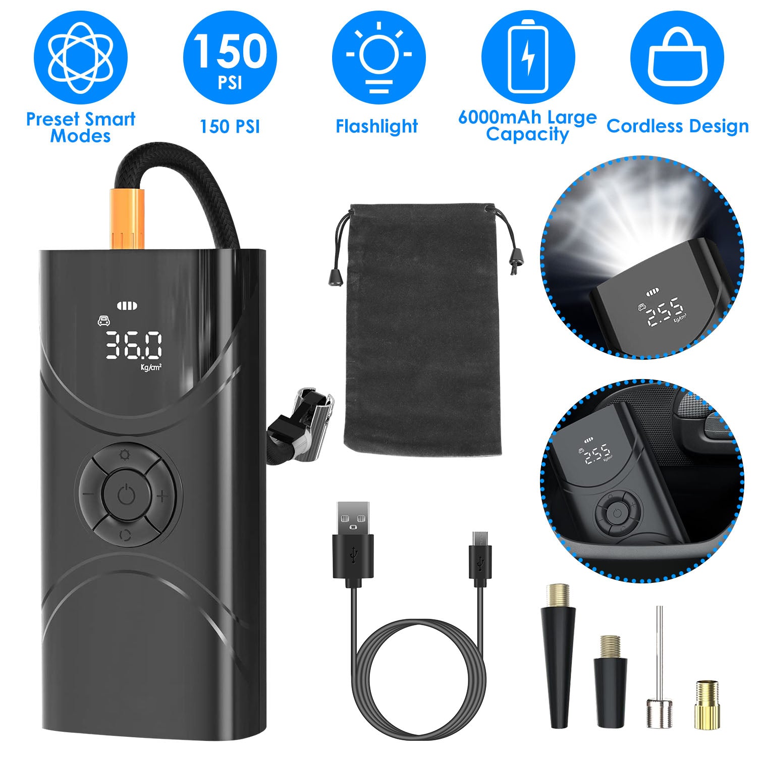 Black tire inflator with features listed on a white background