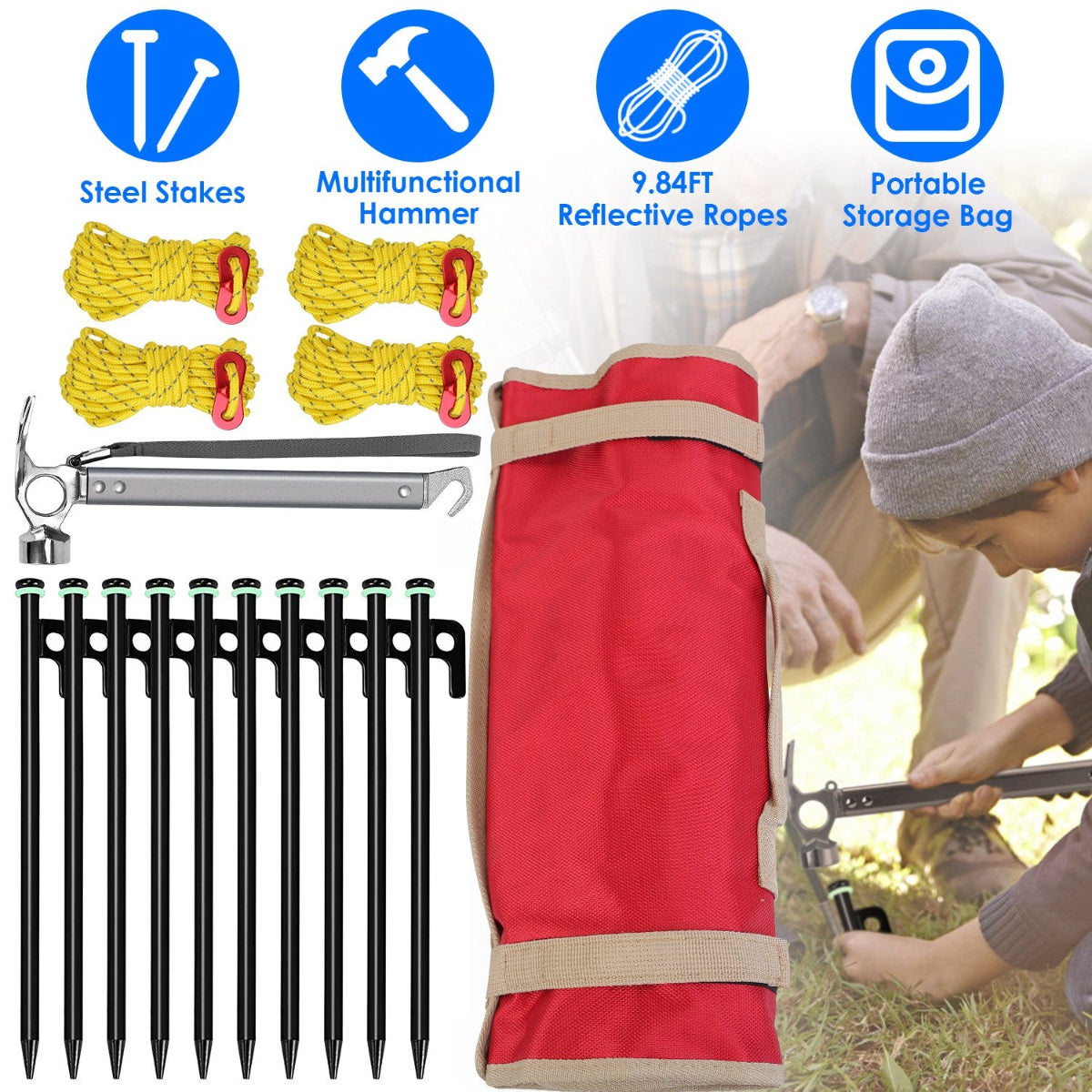 Camping gear set with steel stakes, multifunctional hammer, reflective ropes, and portable storage bag.