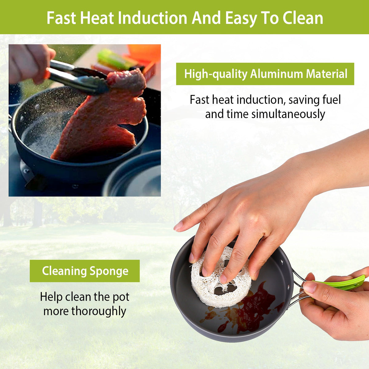 Cooking pan with salmon being cooked and a hand cleaning it with a sponge, on a light green background.
