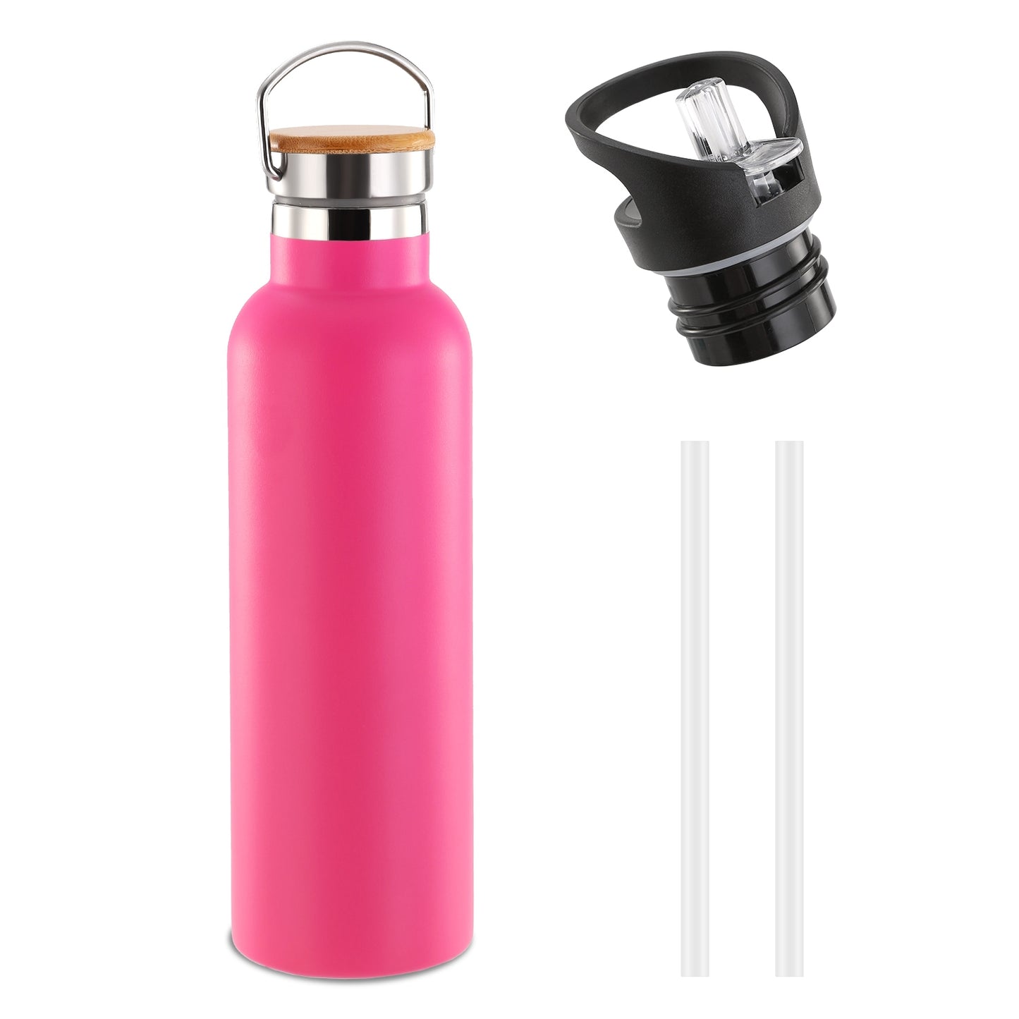 Pink water bottle with bamboo cap, black spout, and two straws on a white background