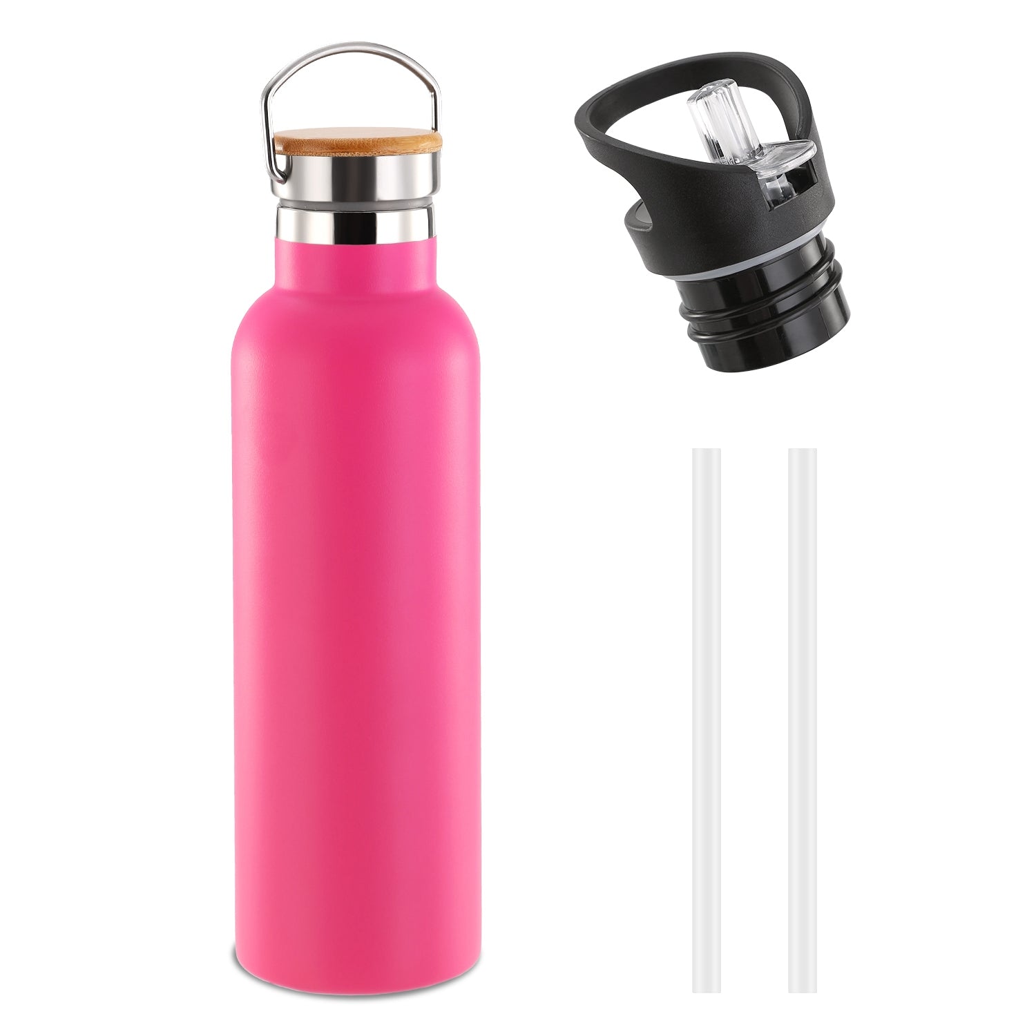 Pink water bottle with bamboo cap, black spout, and two straws on a white background