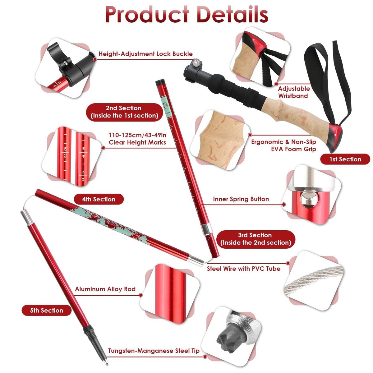Twin Folding Aluminum Trekking Poles with EVA Grips - Backpacking — hiking, view 10