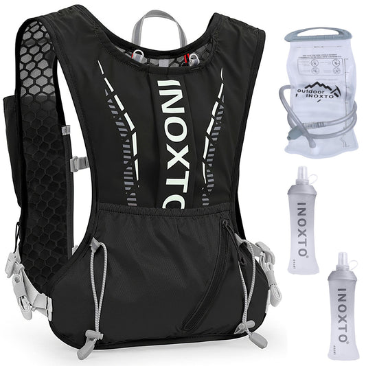 Black hydration vest with INEXTOL branding, including a water bladder and bottles on a white background.