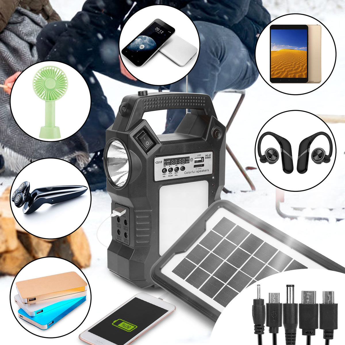 Multifunctional power station with solar panel, flashlight, and charging ports on a white background.