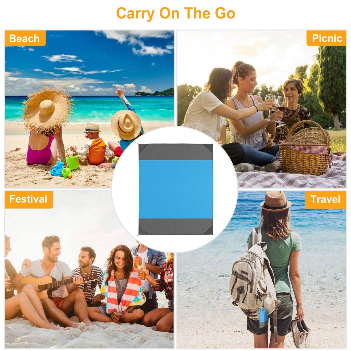 Collage of people enjoying beach, picnic, festival, and travel activities with a central blue square.