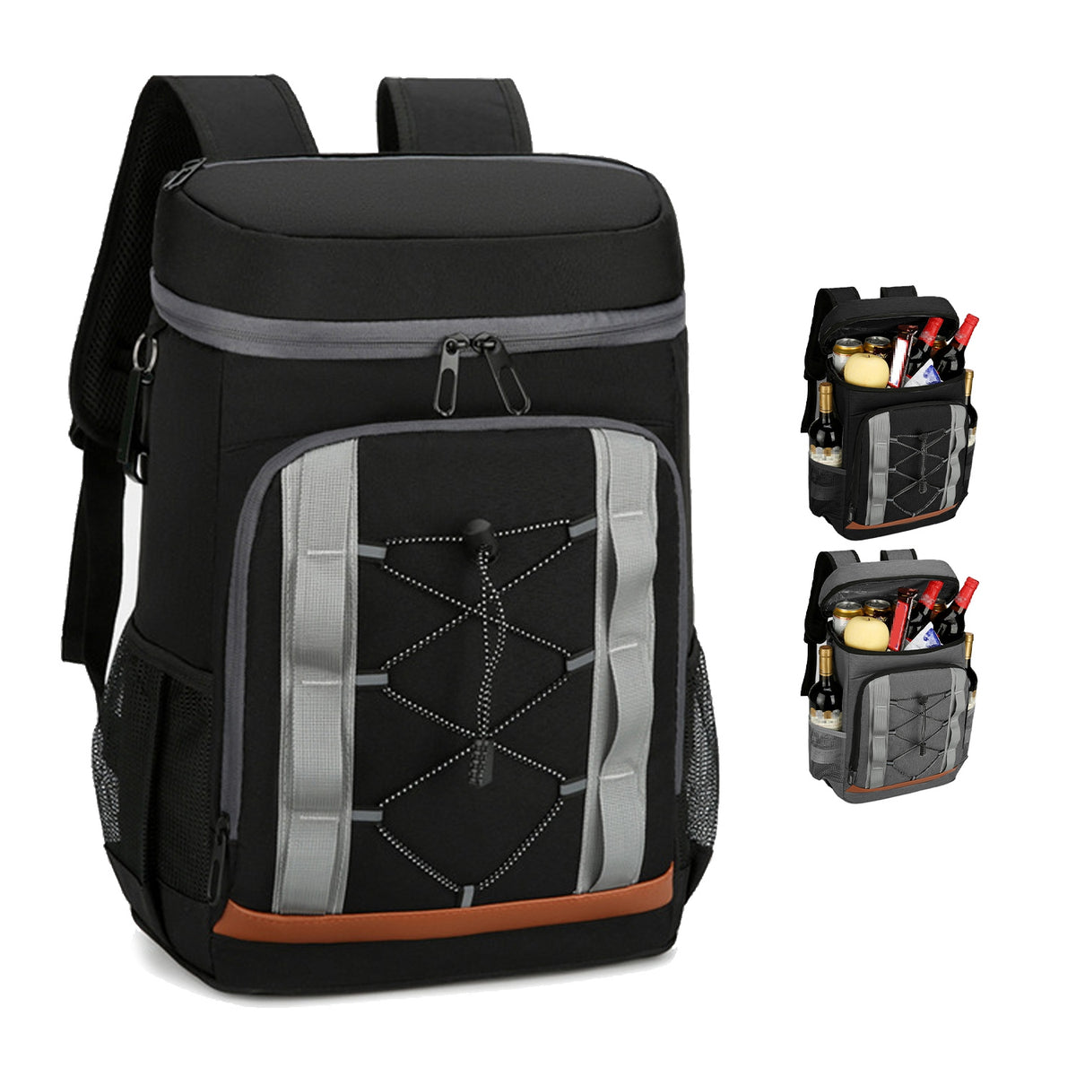 Black and gray backpack with compartments on a white background