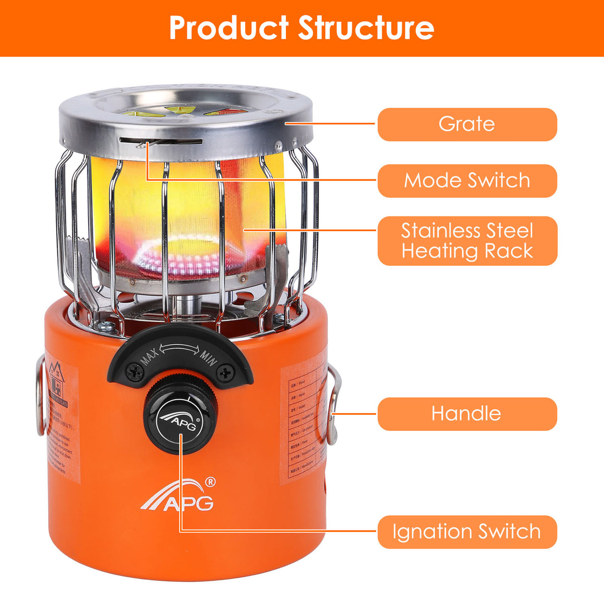Orange camping stove with labeled parts on a white background