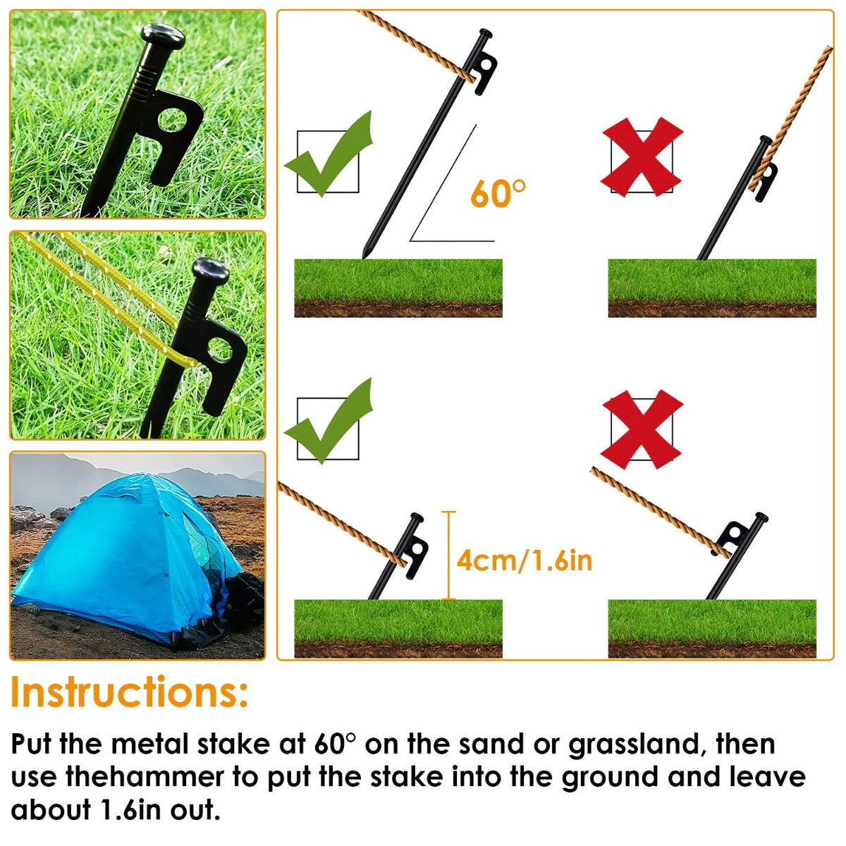Instructions for using a metal stake with a hammer on grassland, showing correct and incorrect methods.