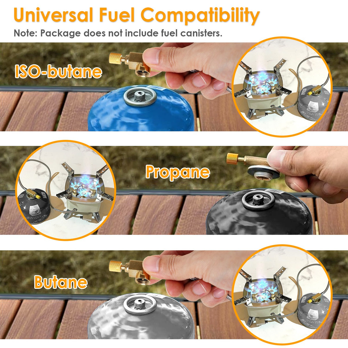 Universal fuel compatibility demonstration with ISO-butane, Propane, and Butane on a wooden surface.