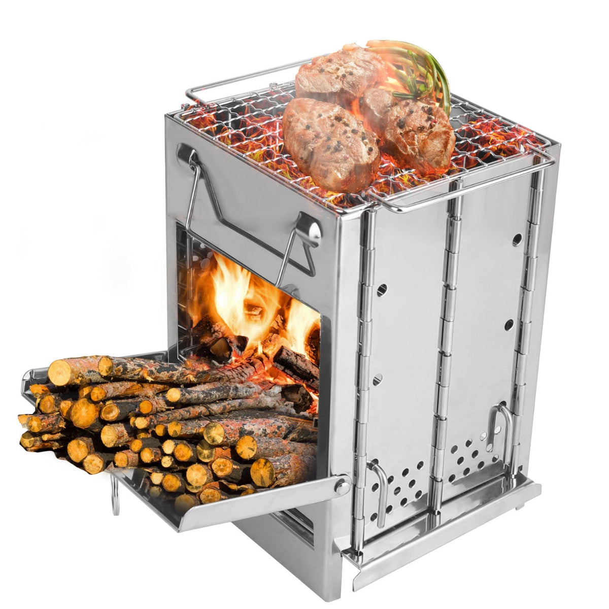 Portable metal grill with firewood and food on a white background