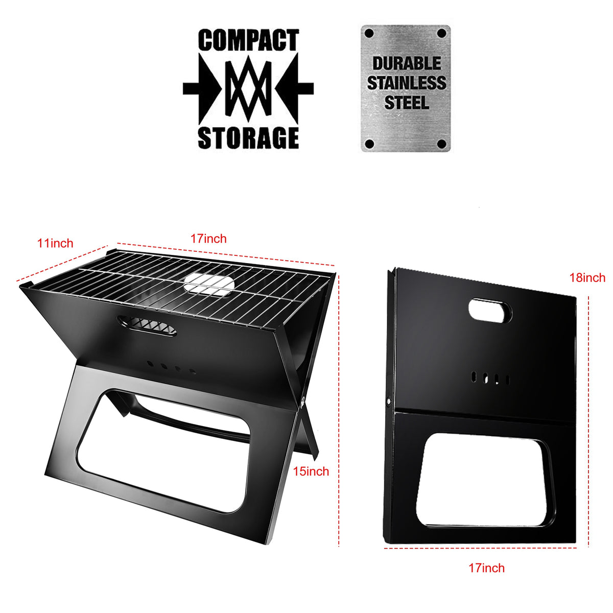 Portable grill with dimensions and material information on a white background
