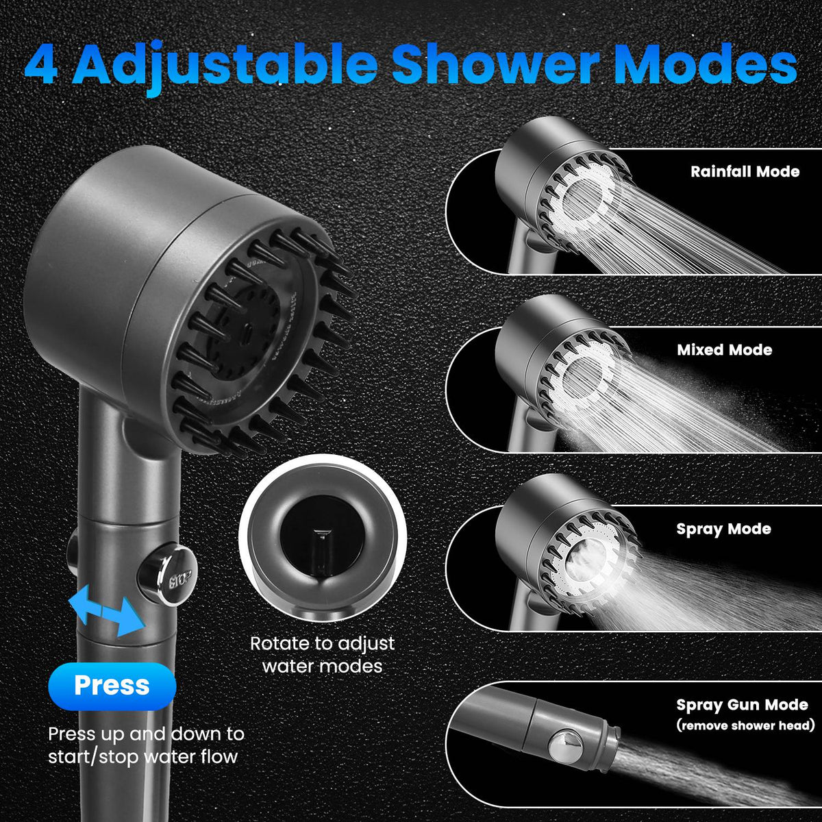 Shower head with adjustable modes on a black background