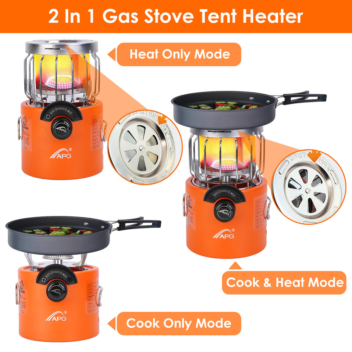 Orange 2-in-1 gas stove tent heater with different modes on an orange background