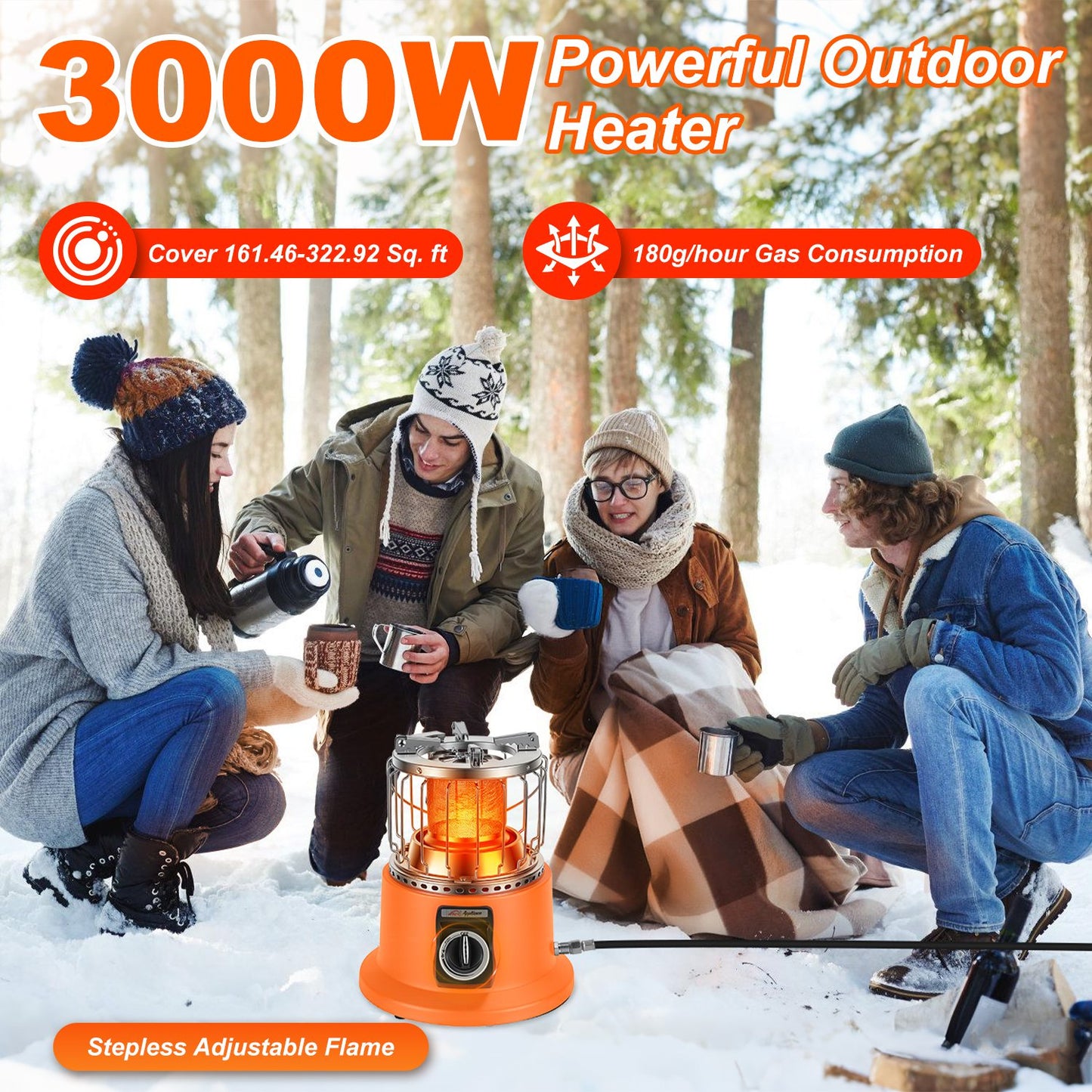 Group of people using a 3000W outdoor heater in a snowy forest setting.