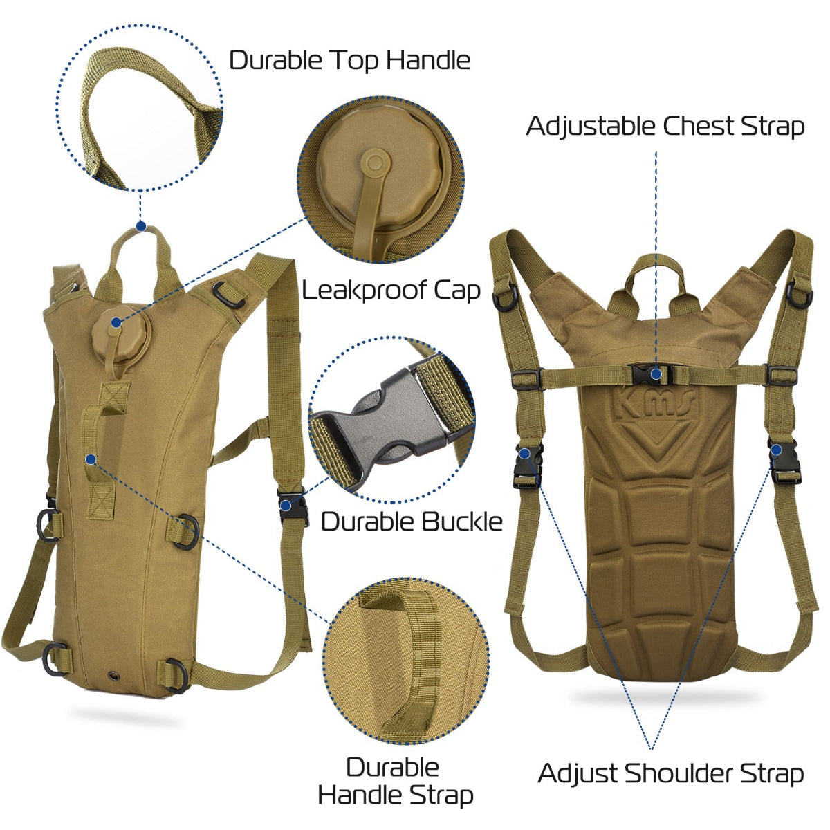Tan hydration backpack with labeled features on a white background