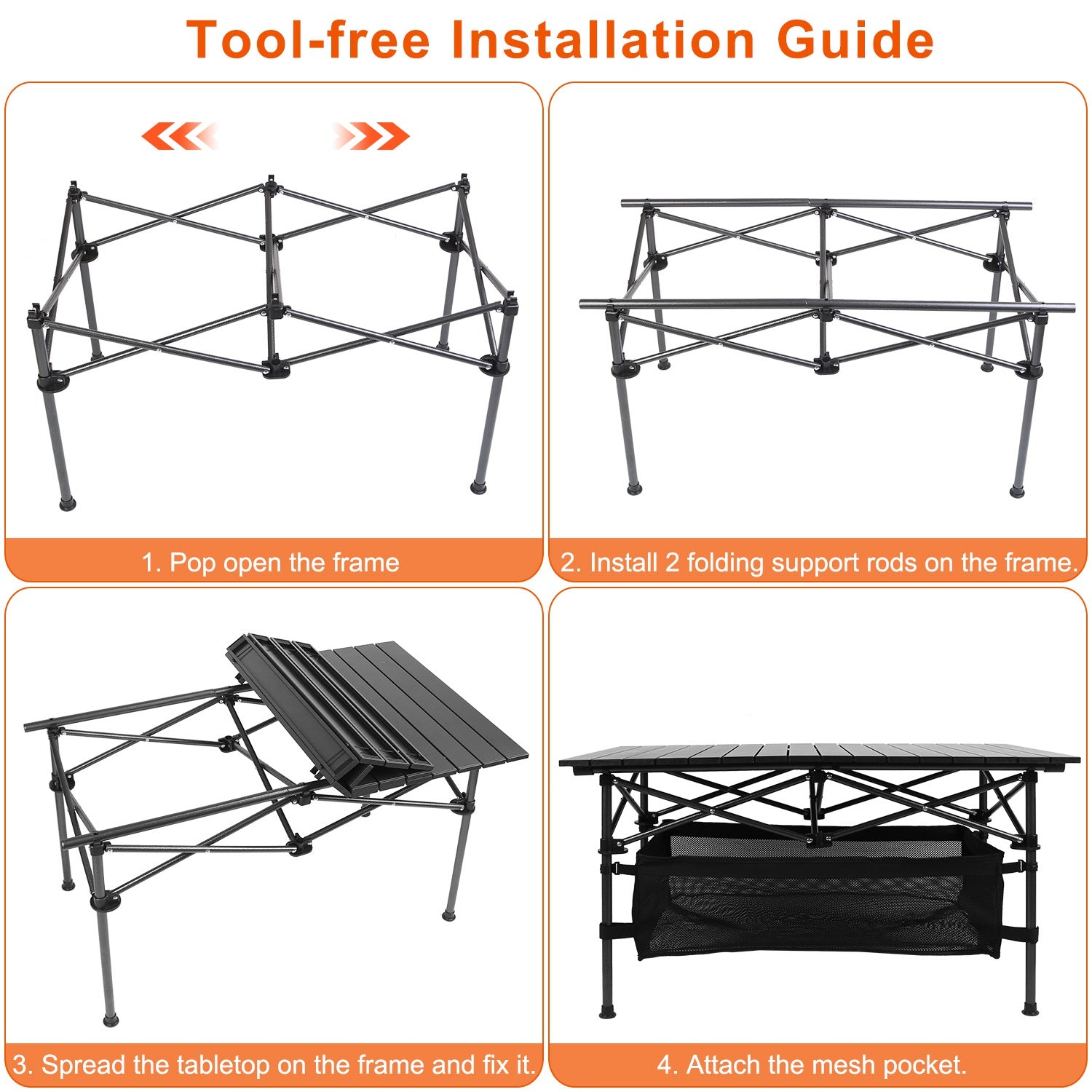 Step-by-step guide for tool-free installation of a portable table with text instructions.