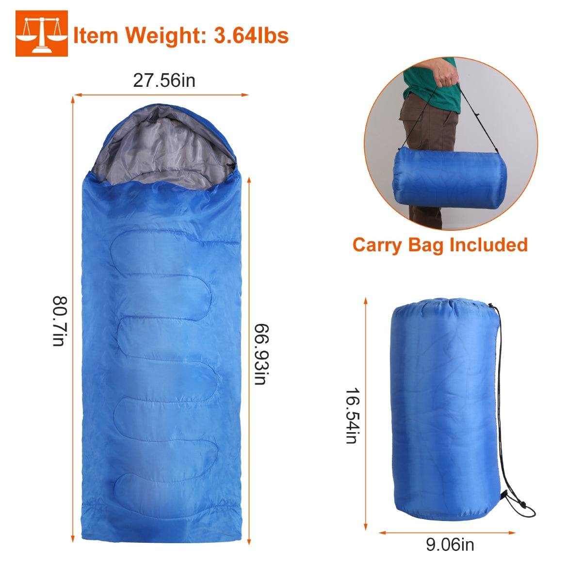 Sleeping bag laid flat with labeled dimensions and packed carry bag shown