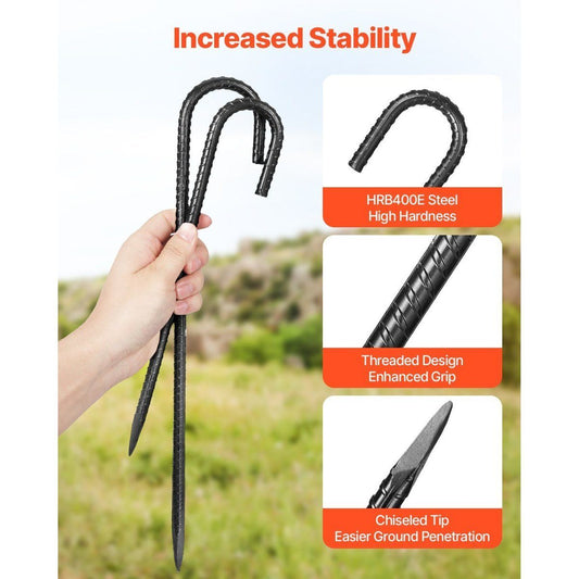 12-Inch J Hook Rebar Stakes - 16 Pack Heavy-Duty Galvanized Steel Anchors — black, tent stakes, front view