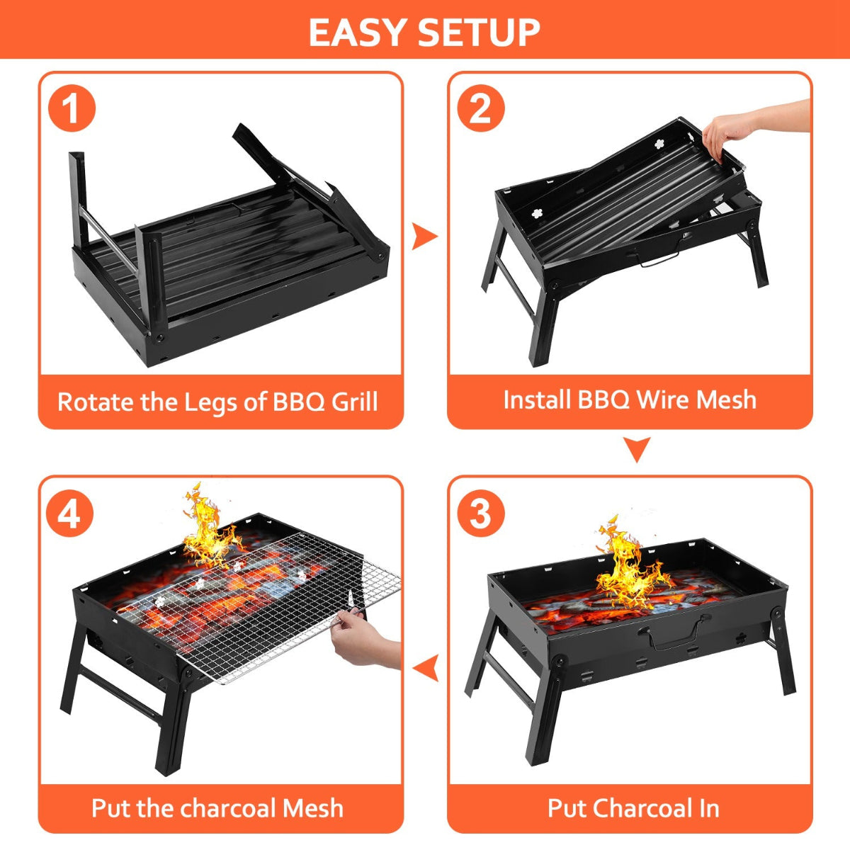 Step-by-step guide on how to set up a BBQ grill with images and text instructions.