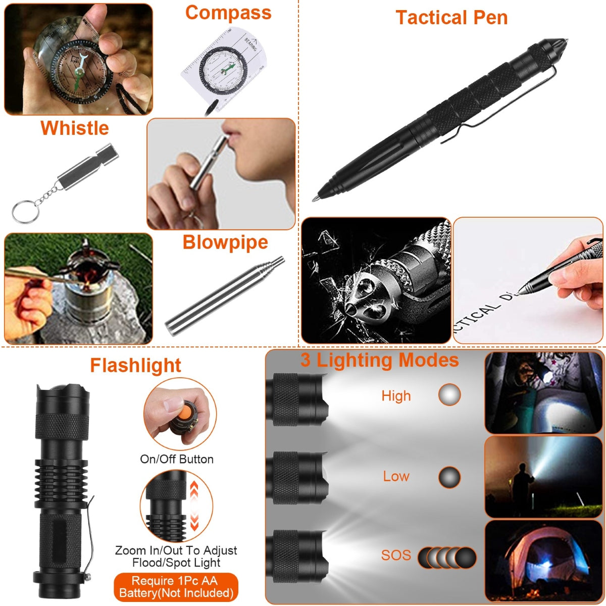 Collage of survival tools including a compass, tactical pen, whistle, blowpipe, and flashlight with lighting modes.