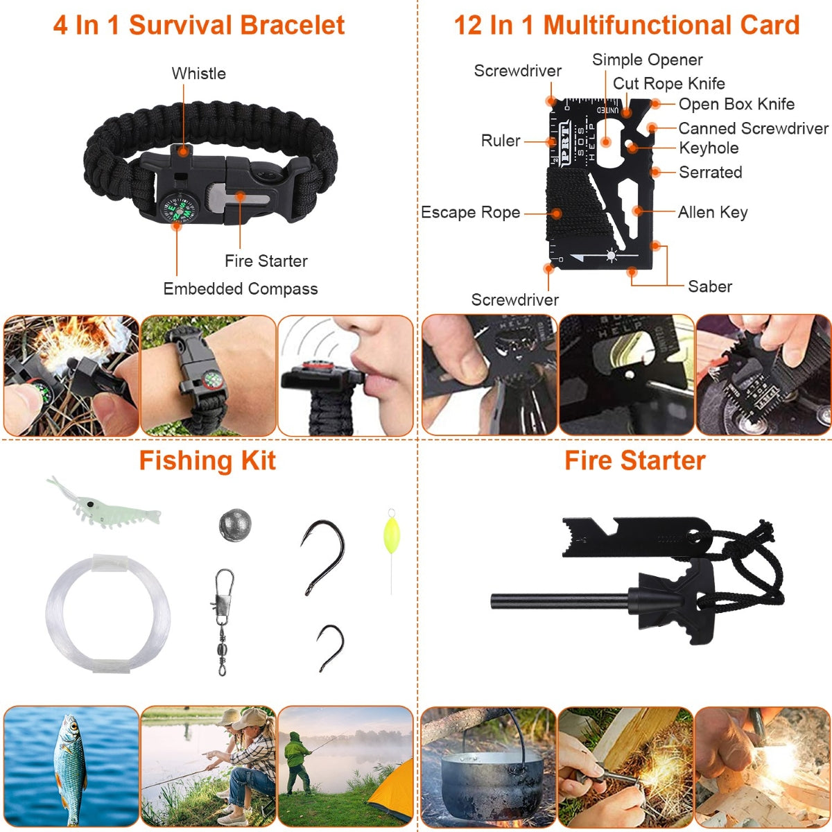 Collection of survival tools including a bracelet, multifunctional card, fishing kit, and fire starter.