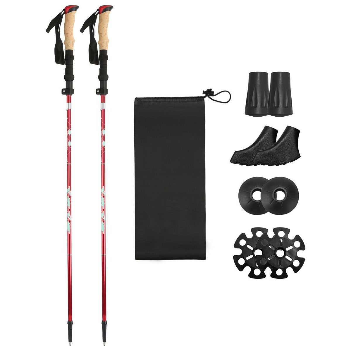 Twin Folding Aluminum Trekking Poles with EVA Grips - Backpacking — red, hiking