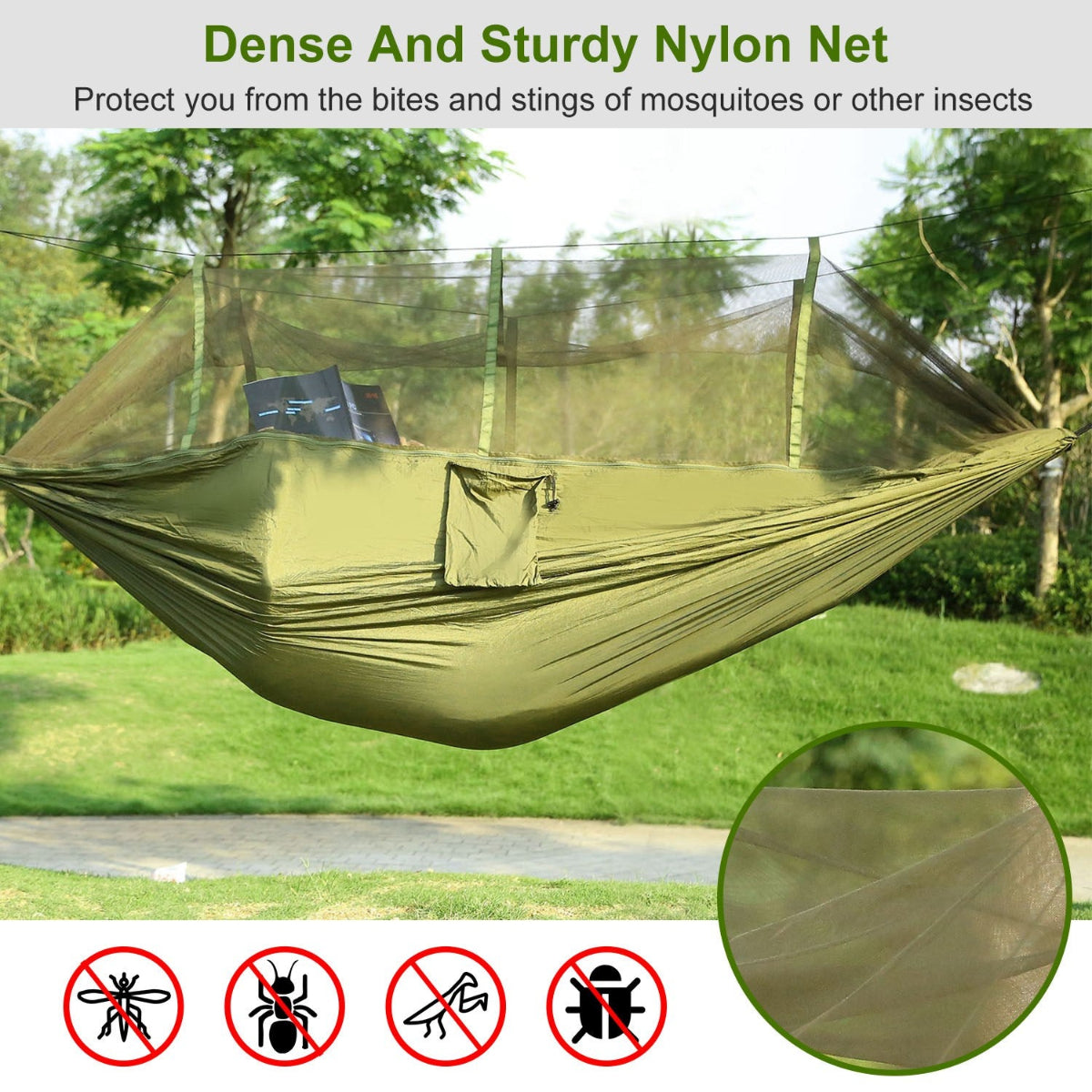 Green hammock with insect netting in a natural setting